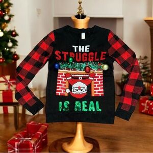 Santa The Struggle is Real Ugly Christmas Sweater Fireplace Plaid M (7-9) Bells
